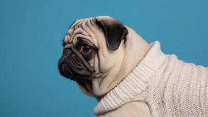 Obraz premium Portrait of a cute pug dog wearing a stylish white sweater set against a blue neutral background, showcasing the adorable features and charm of this beloved pet in a cozy and fashionable manner.