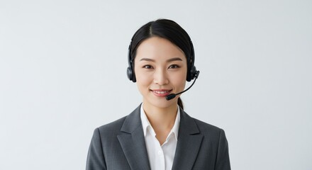 Smiling agent with headset in gray suit