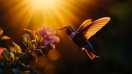 Fototapeta premium Hummingbird hovers near a flower, its wings illuminated by golden sunlight, in a dark and warm outdoor setting.