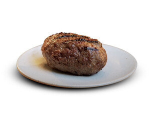 Grilled meat patty with sear marks served on a ceramic plate, isolated on transparent background for food presentation or menu design

