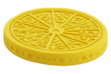 Fototapeta premium A yellow plastic object with intricate design on top viewed from above