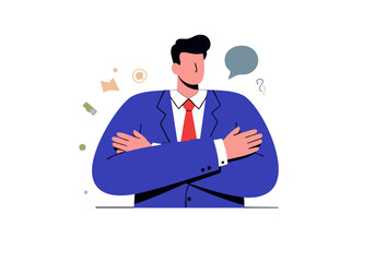Confident professional stands with arms crossed, conveying skill and self-assurance. Modern illustration style with speech bubble. Suitable for business and career themes.