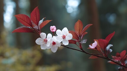 Wild cherry blossoms bloom in vibrant red foliage, showcasing delicate petals and rich colors amidst nature's backdrop