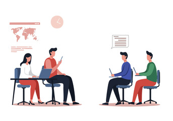 Diverse team collaborates on a quiz challenge, using laptops and brainstorming. Modern office setting with global icons. Dynamic and engaging visual for business or education.