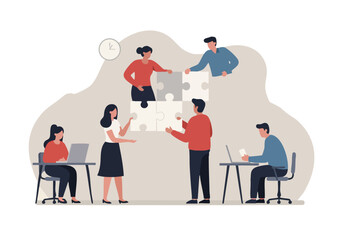 Diverse team collaborates to solve a puzzle, building a project together. Modern office setting with plants and computers. Illustrative style, vibrant colors.