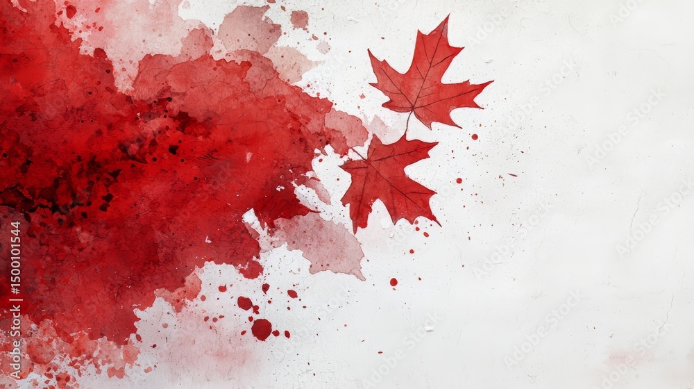 Poster Splash of red paint on a white background with a leaf in the middle. The red paint and leaf create a sense of chaos and destruction