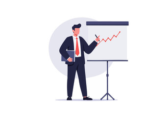 A professional man presents a graph on a whiteboard, conveying growth and success. Clear, modern illustration style.