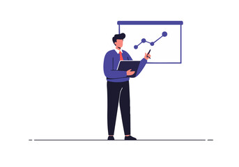 A professional man presents data on a whiteboard, conveying insights. Modern illustration style, suitable for business and training visuals.