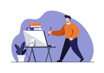 A professional man works on a computer, sketching ideas. Modern workspace with books and a plant. Illustrative style, empowering concept.
