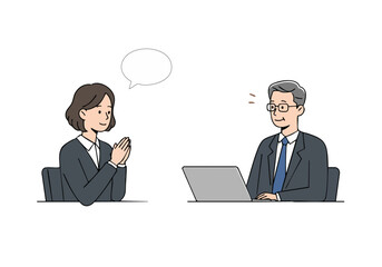 A professional woman discusses mental health with a senior colleague at a laptop.  A thoughtful exchange, conveying support and understanding. Clean, modern illustration.