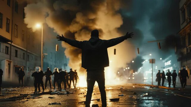 Riot eruption scene: flaming debris, chaotic noise, shattered barricade, defiant march, tearful protest, cracked pavement, loud clash, law enforcement, tense stare, public chaos, heated exchange