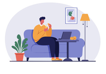 A relaxed young man enjoys a snack break while working on his laptop. A cozy home setting with a sofa, lamp, and artwork creates a comfortable atmosphere. Modern illustration style.