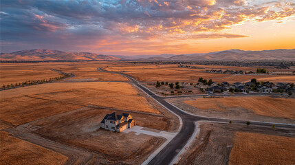Aerial Drone View of Agricultural Landscape Transitioning to Residential Development with Farmhouse and Mountain Backdrop at Sunset