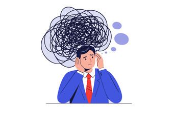 stressed professional struggles with a tangled web of thoughts conveying overwhelm  A modern minimalist illustration captures the feeling of mental chaos Suitable for business and wellness themes