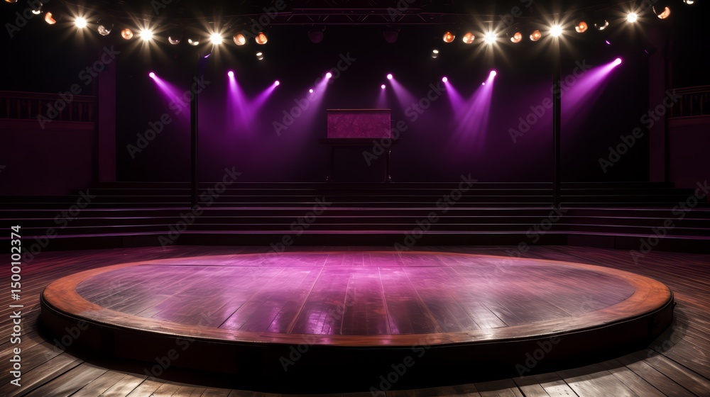 Poster stage with a spotlight on it. the stage is empty and the lights are purple. scene is dramatic and in