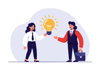 Two professionals exchange an idea, symbolized by a lightbulb. A collaborative and empowering concept, perfect for business and innovation visuals.