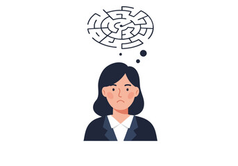 A woman contemplates a complex maze, expressing frustration and confusion.  A thoughtful portrait with a muted color palette. Suitable for business, psychology, and problem-solving themes.