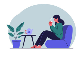 A woman enjoys a relaxing tea break, sipping from a mug beside a teapot and potted plant. Soft colors and a cozy atmosphere create a peaceful scene.