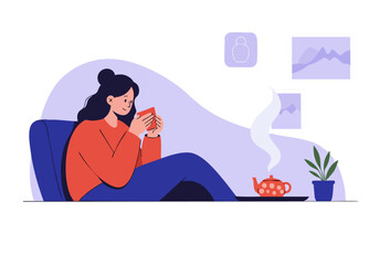 A woman enjoys a relaxing tea break, sipping from a mug amidst calming visuals. Soft colors and a peaceful atmosphere create a serene scene.