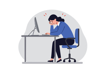 A woman experiences burnout at her computer. She sits slumped, displaying exhaustion and stress. A modern office setting emphasizes the feeling of overwhelm.