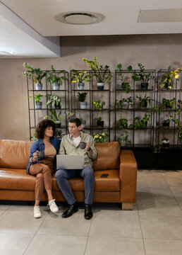 Sitting diverse couple holding mugs on leather sofa in lounge, with laptop, plants and smartphone
