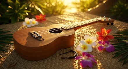 Ukulele serenade on a woven mat