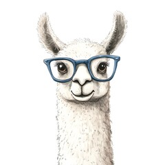Llama wearing blue glasses smiles in a simple flat naive art style against a minimalistic white background