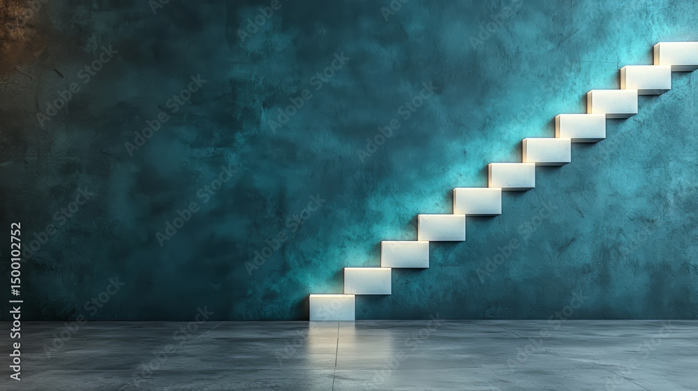 Poster staircase is shown in a room with a blue wall. the staircase is made of white blocks and is very tal