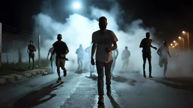 Urban riot wave: fire burst, rebellious march, crowd panic, explosive surge, protester anger, shattered order, violent protest, police line, smoke cloud, defiant stance, crisis mode