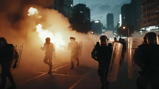 Protester violence surge: street blaze, chaotic clash, police defiance, tear gas, urban chaos, loud chant, broken silence, rising flames, defiant march, intense standoff, riotous upheaval