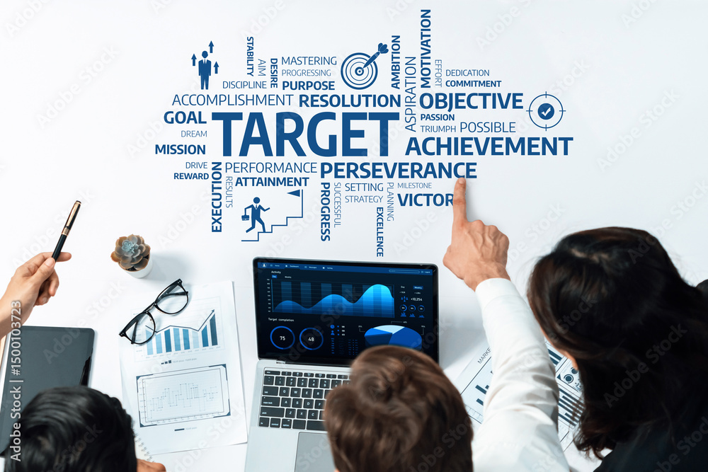 Aufkleber A group of professionals collaborates to discuss strategic objectives and performance metrics, analyzing data displayed on a laptop for better business outcomes. Amity