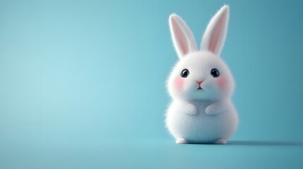 Obraz premium Cartoon fluffy white bunny in minimalist style, baby blue background