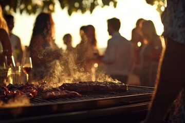 Outdoor barbecue party at sunset.  Friends gather around a grill