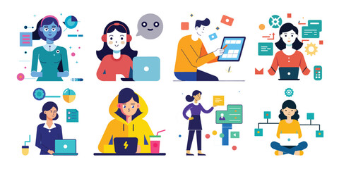 People Working with Technology &ndash; Remote Work, Coding, and Online Communication Vector Set