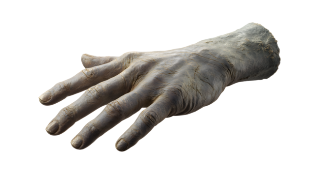 Detailed human hand isolated on transparent background showing skin texture, veins, and bone structure in a digital rendering for anatomical study