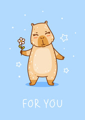 Cute сartoon capybara with flower on blue background - funny animal for Your happy summer greeting card design