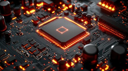 Glowing circuitry on a dark circuit board
