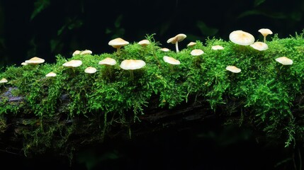 Bunch of mushrooms growing on a log. The mushrooms are small and white