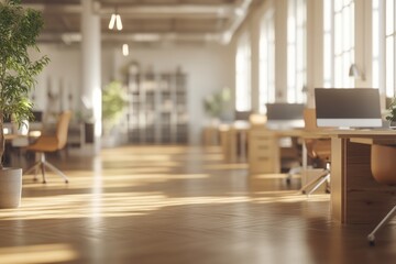Blurred empty modern office interior with desks and chairs, white walls and wooden floor, 3D high-quality background, suitable for business concept