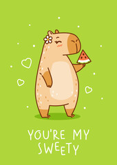 Cute сartoon capybara with watermelon on green background - funny animal for Your happy summer greeting card design