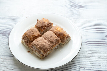 Cold baklava with cacao on a white plate	close up