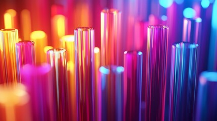 Vibrant, colorful glass cylinders create an abstract, dynamic composition.  Light plays across their glossy surfaces