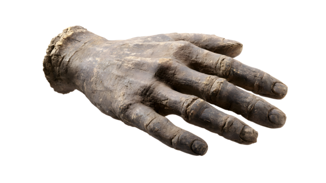 Weathered stone hand sculpture with detailed texture and visible decay isolated on transparent background, showcasing an ancient artifact