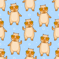 Seamless pattern with cute сartoon capybara with sun glasses on blue - funny animal background for Your happy summer design