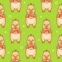 Seamless pattern cute сartoon capybara with watermelon on green - funny animal background for Your happy summer design