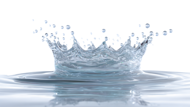 Water splash forming a crown shape with droplets isolated on transparent background showing dynamic motion and the beauty of liquid in a still life