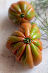Close-up of an heirloom tomato and fennel, ideal for restaurant promotions. Use in menus or farm-to-table campaigns. Perfect for chefs, cafes, or organic dining marketing.