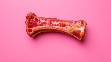 Fototapeta premium Piece of bacon lies centered on a solid bright pink background, showing its marbled texture and cooked edge.