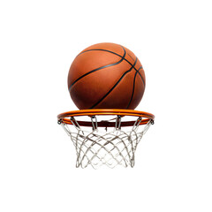 Basketball above hoop mid-shot