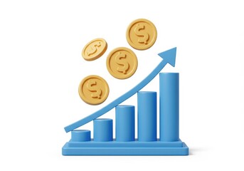3D Illustration of Blue bar graph with gold dollar coins isolated on white background